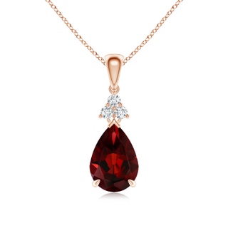 10x7mm AAA Claw-Set Garnet Drop Pendant with Trio Diamonds in Rose Gold