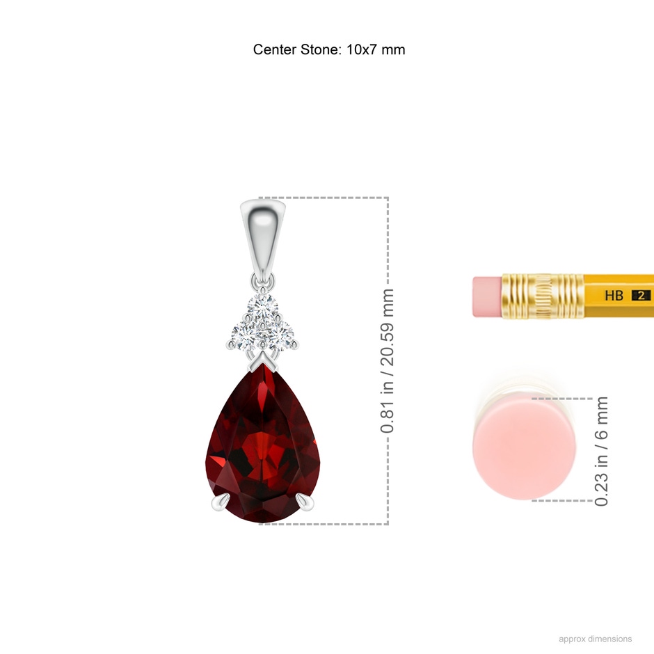 10x7mm AAA Claw-Set Garnet Drop Pendant with Trio Diamonds in White Gold ruler