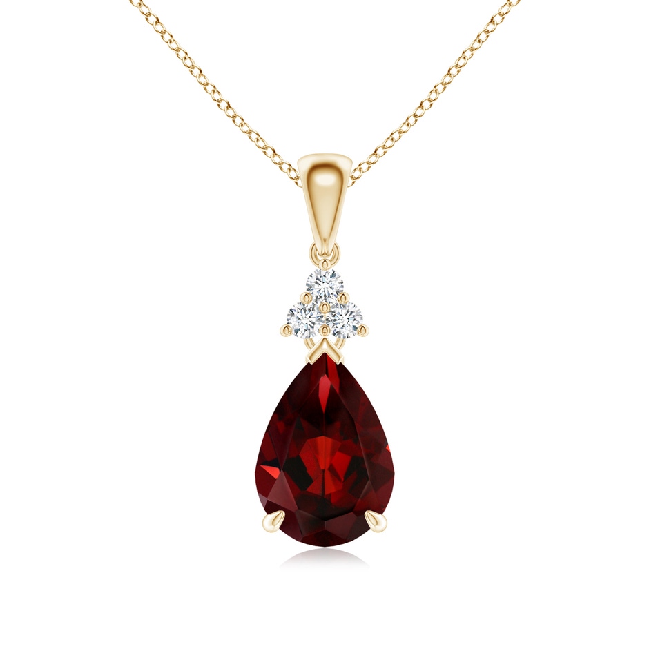 10x7mm AAA Claw-Set Garnet Drop Pendant with Trio Diamonds in Yellow Gold 