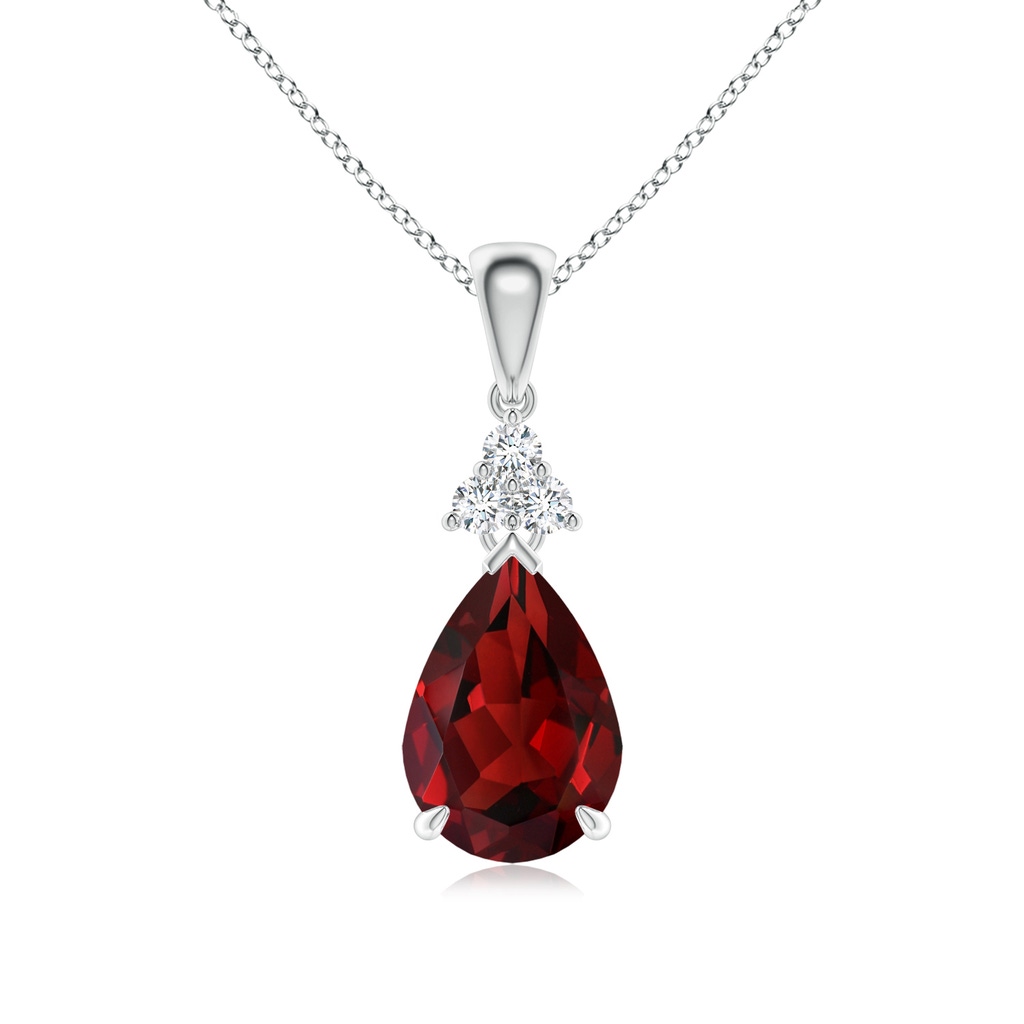 10x7mm AAAA Claw-Set Garnet Drop Pendant with Trio Diamonds in White Gold