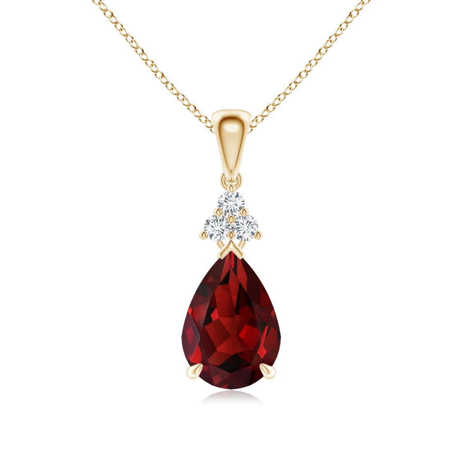 10x7mm AAAA Claw-Set Garnet Drop Pendant with Trio Diamonds in Yellow Gold 