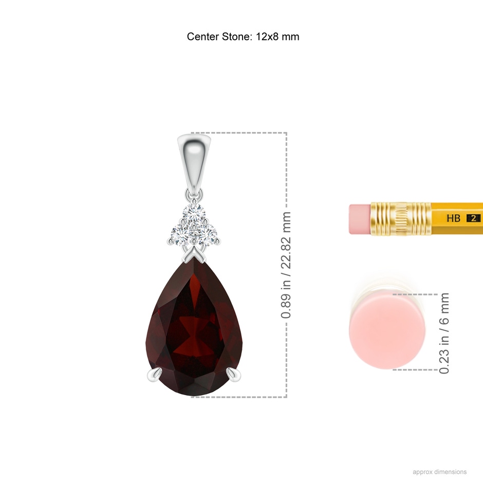 12x8mm A Claw-Set Garnet Drop Pendant with Trio Diamonds in 18K White Gold ruler
