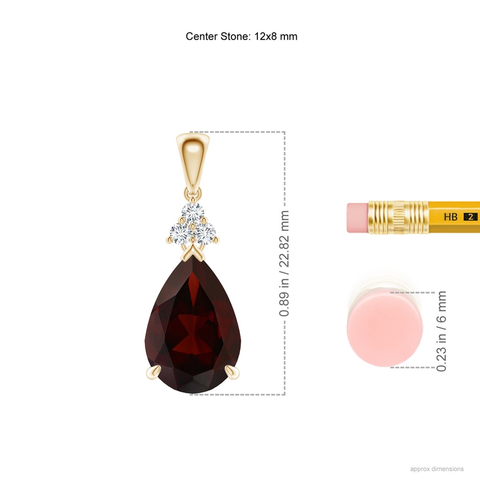 12x8mm A Claw-Set Garnet Drop Pendant with Trio Diamonds in 18K Yellow Gold ruler