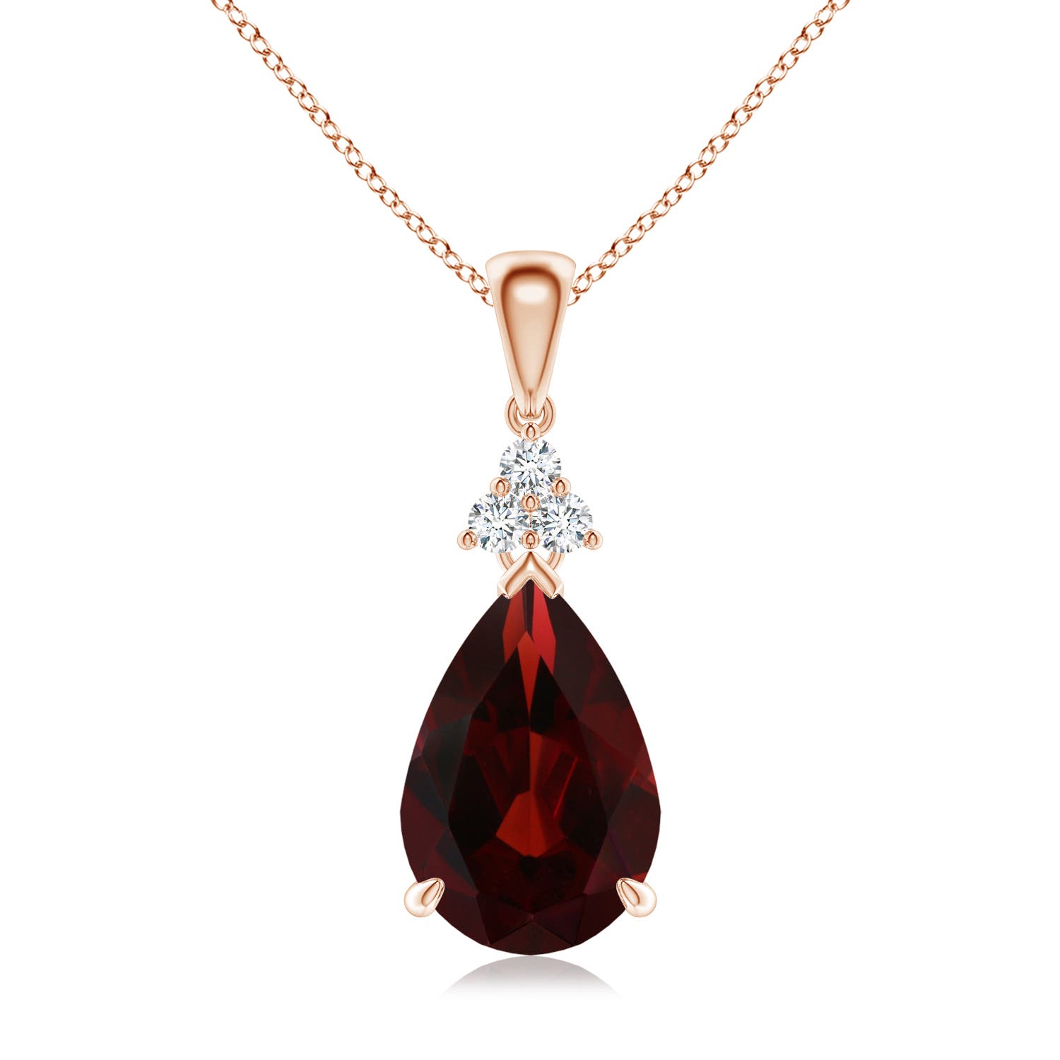12x8mm AA Claw-Set Garnet Drop Pendant with Trio Diamonds in 18CT Rose Gold