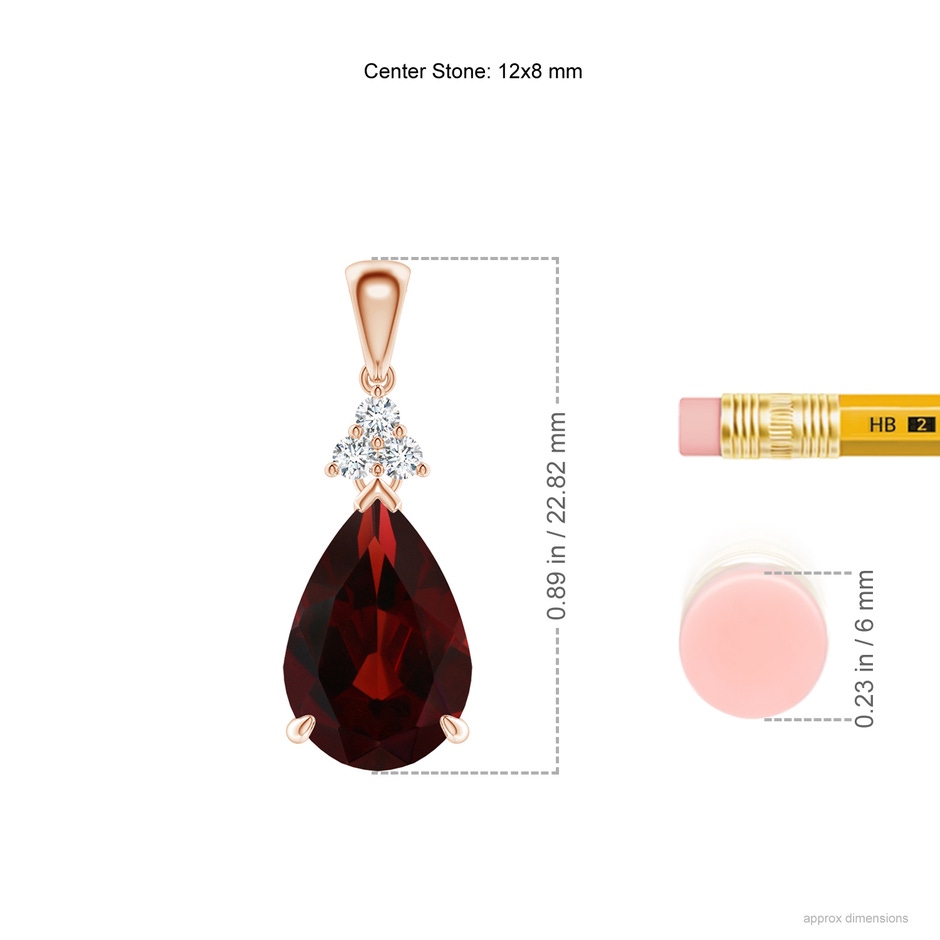 12x8mm AA Claw-Set Garnet Drop Pendant with Trio Diamonds in 18K Rose Gold ruler