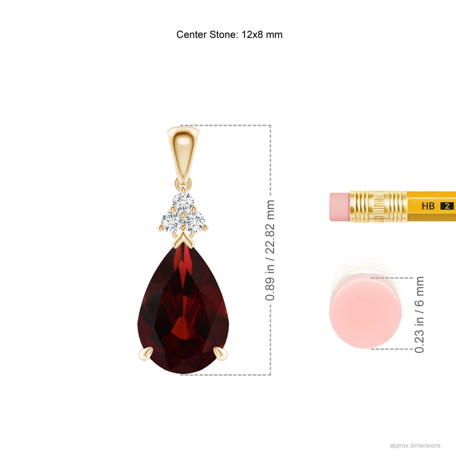 12x8mm AA Claw-Set Garnet Drop Pendant with Trio Diamonds in Yellow Gold ruler
