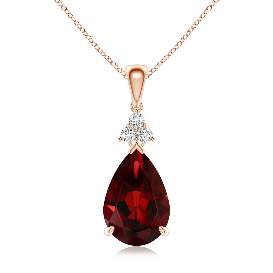 12x8mm AAA Claw-Set Garnet Drop Pendant with Trio Diamonds in Rose Gold 