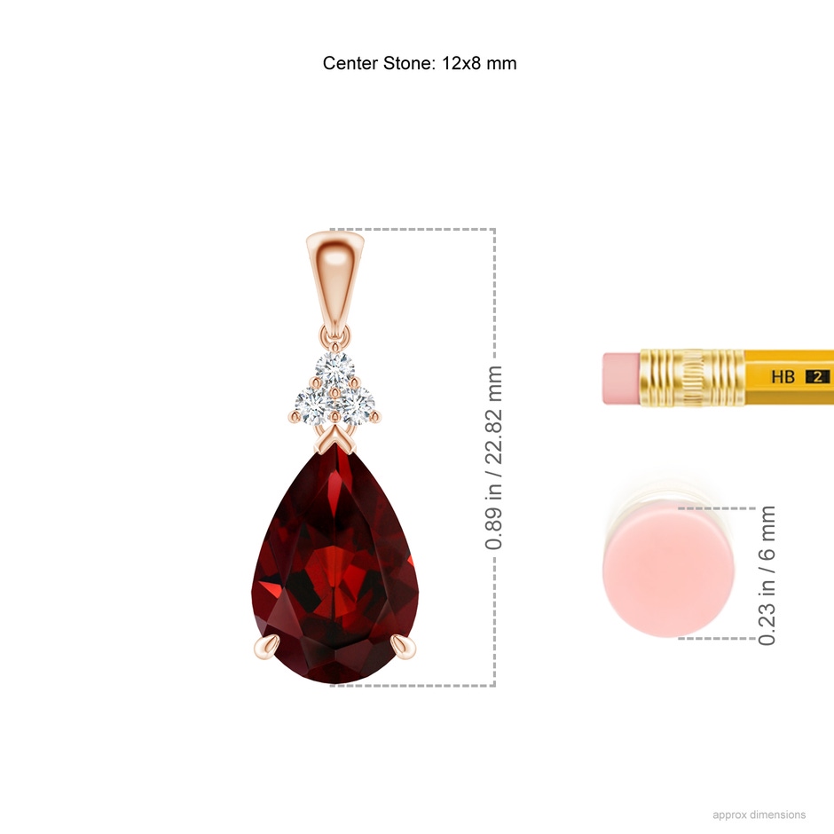 12x8mm AAA Claw-Set Garnet Drop Pendant with Trio Diamonds in Rose Gold ruler