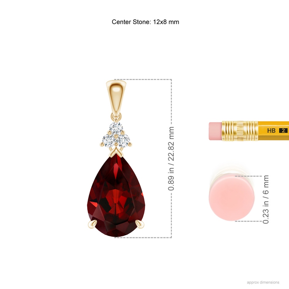 12x8mm AAA Claw-Set Garnet Drop Pendant with Trio Diamonds in Yellow Gold ruler
