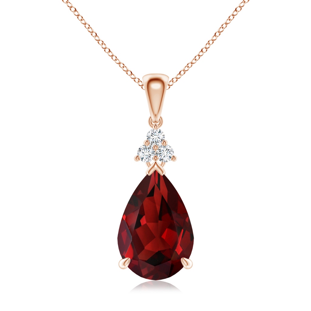 12x8mm AAAA Claw-Set Garnet Drop Pendant with Trio Diamonds in Rose Gold 