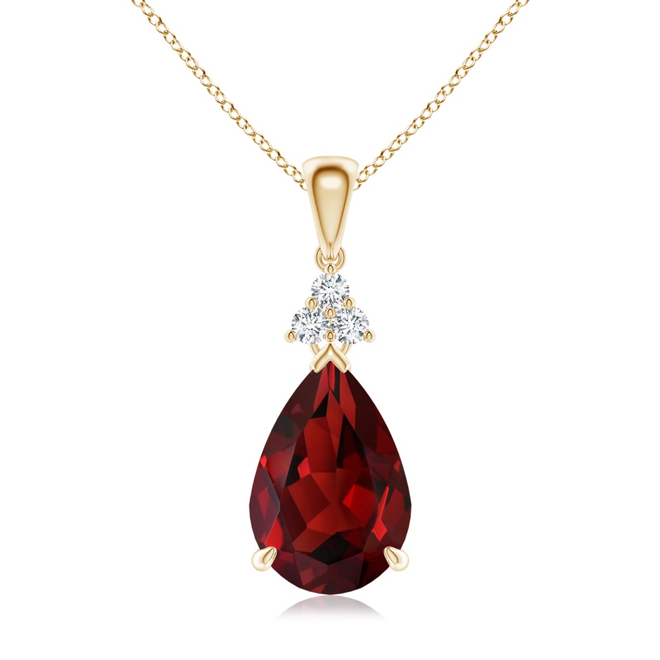 12x8mm AAAA Claw-Set Garnet Drop Pendant with Trio Diamonds in Yellow Gold 