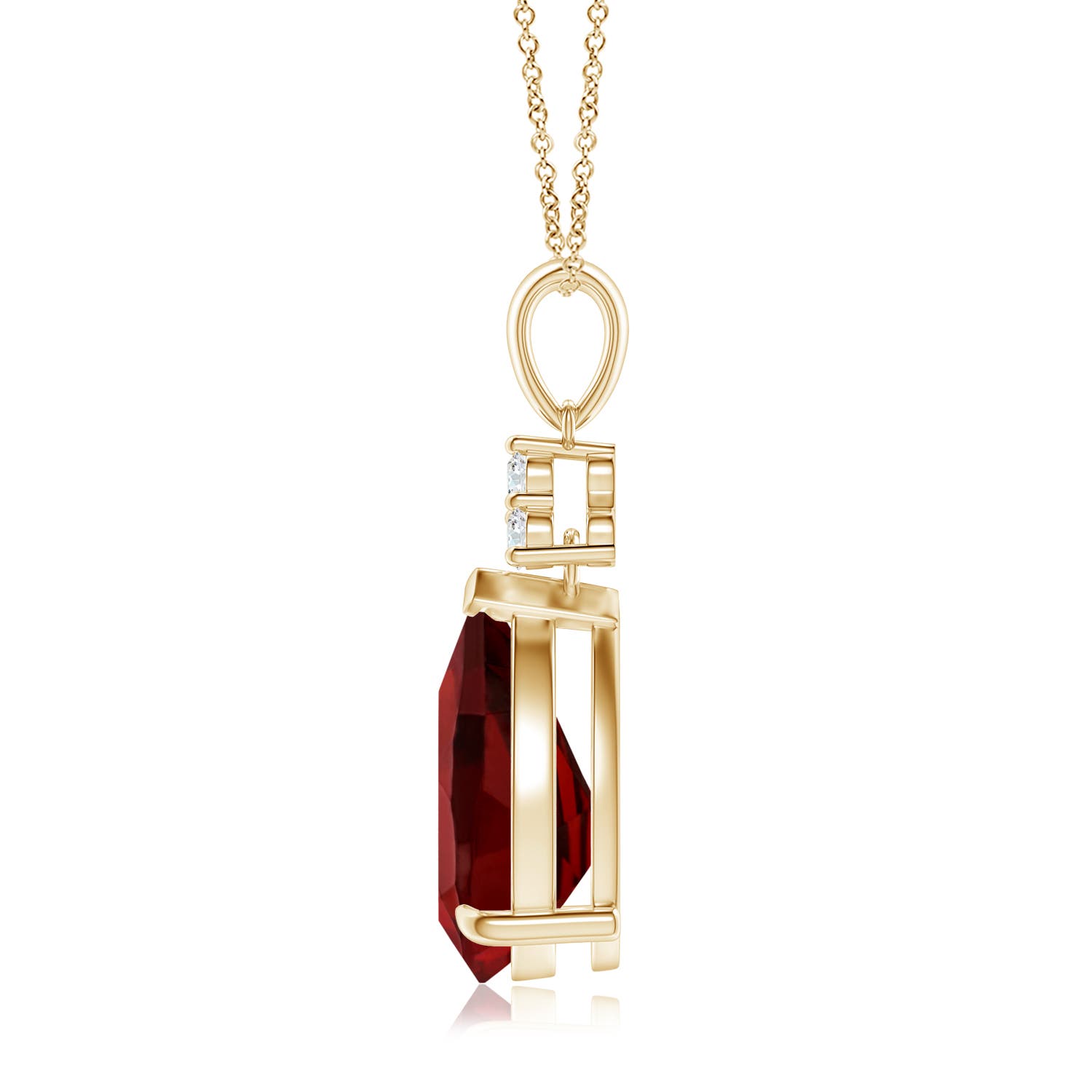 12x8mm AAAA Claw-Set Garnet Drop Pendant with Trio Diamonds in Yellow Gold - side 3