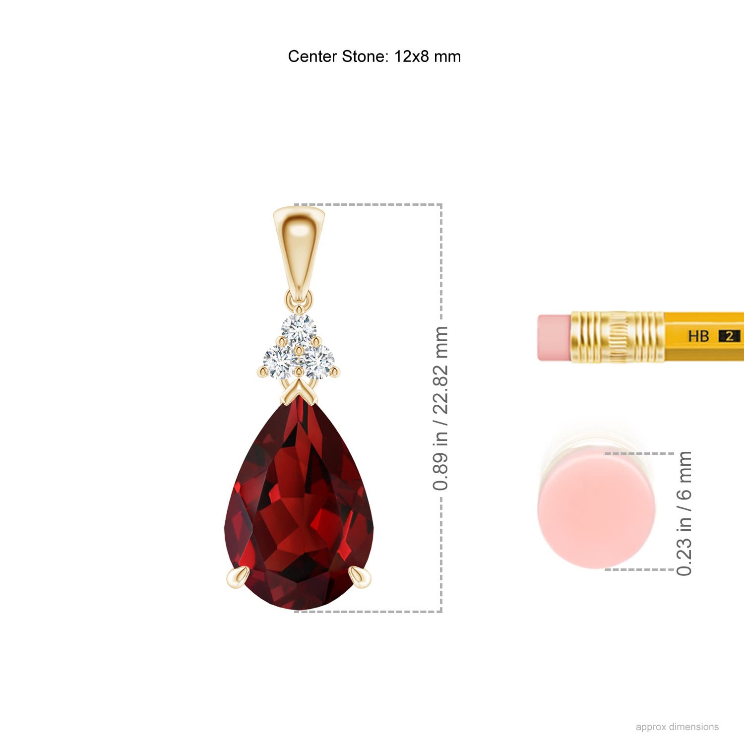 12x8mm AAAA Claw-Set Garnet Drop Pendant with Trio Diamonds in Yellow Gold - ruler