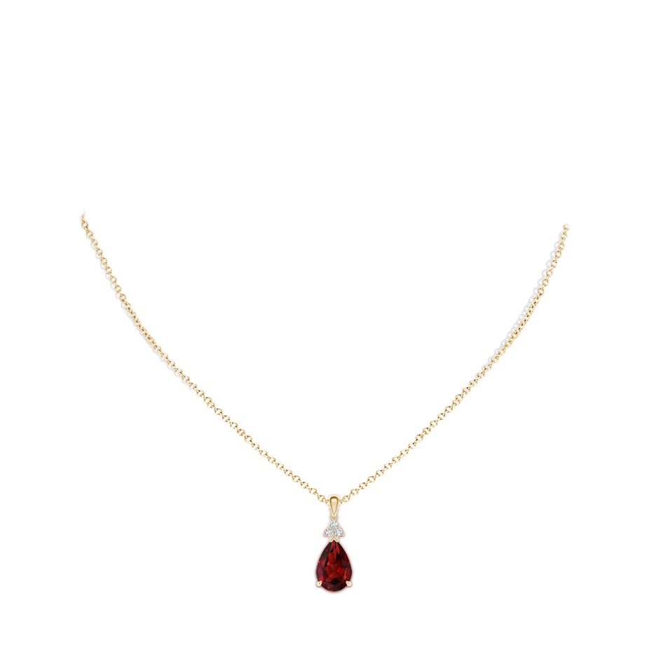 12x8mm AAAA Claw-Set Garnet Drop Pendant with Trio Diamonds in Yellow Gold pen