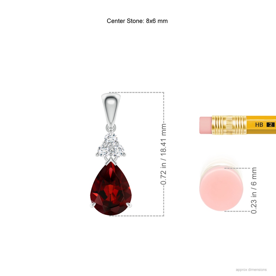 8x6mm AAA Claw-Set Garnet Drop Pendant with Trio Diamonds in 9K White Gold ruler