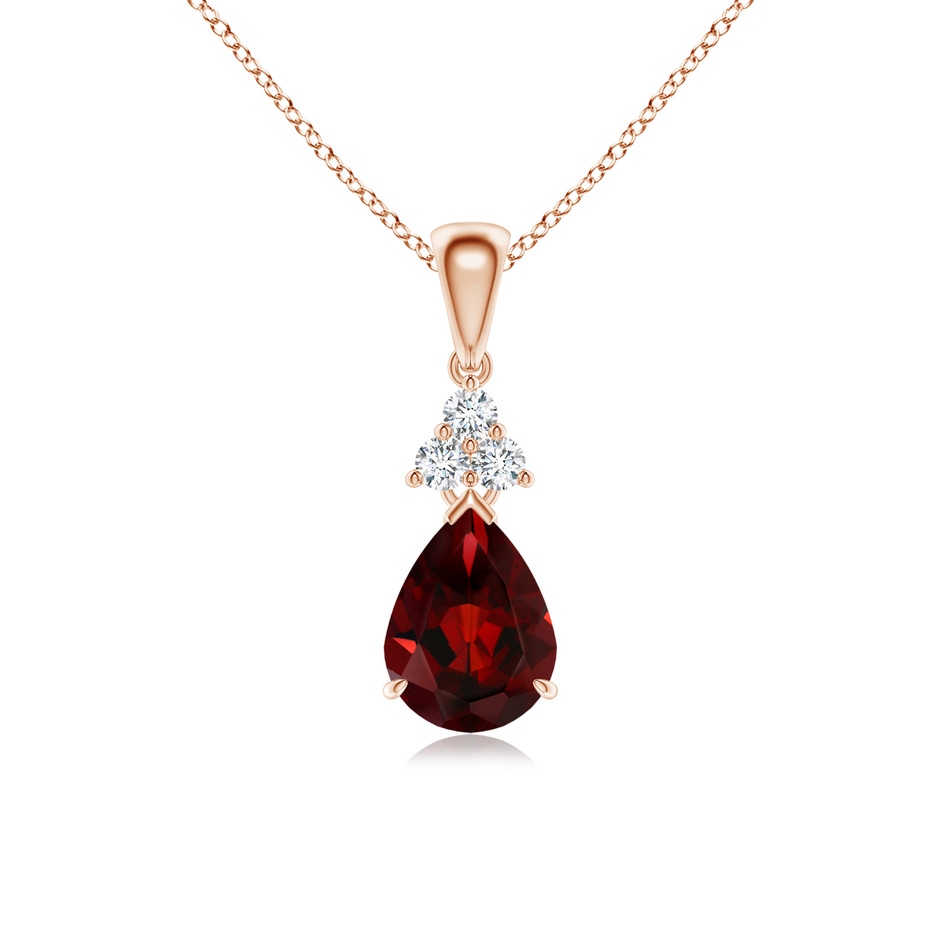 8x6mm AAA Claw-Set Garnet Drop Pendant with Trio Diamonds in Rose Gold 