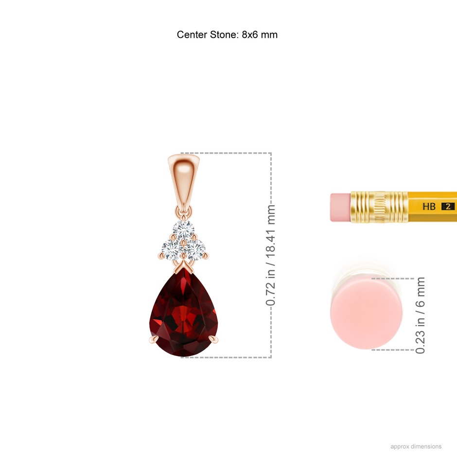 8x6mm AAA Claw-Set Garnet Drop Pendant with Trio Diamonds in Rose Gold ruler