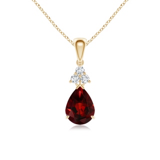 8x6mm AAA Claw-Set Garnet Drop Pendant with Trio Diamonds in Yellow Gold