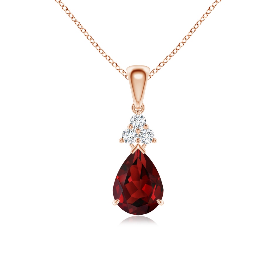 8x6mm AAAA Claw-Set Garnet Drop Pendant with Trio Diamonds in Rose Gold 