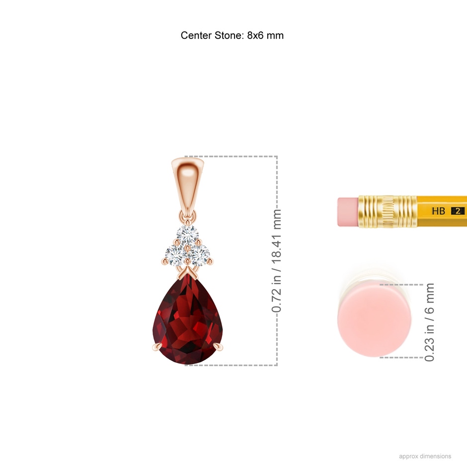 8x6mm AAAA Claw-Set Garnet Drop Pendant with Trio Diamonds in Rose Gold ruler