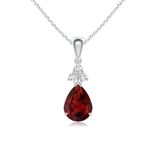 8x6mm AAAA Claw-Set Garnet Drop Pendant with Trio Diamonds in White Gold