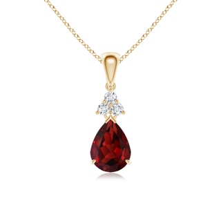 8x6mm AAAA Claw-Set Garnet Drop Pendant with Trio Diamonds in Yellow Gold