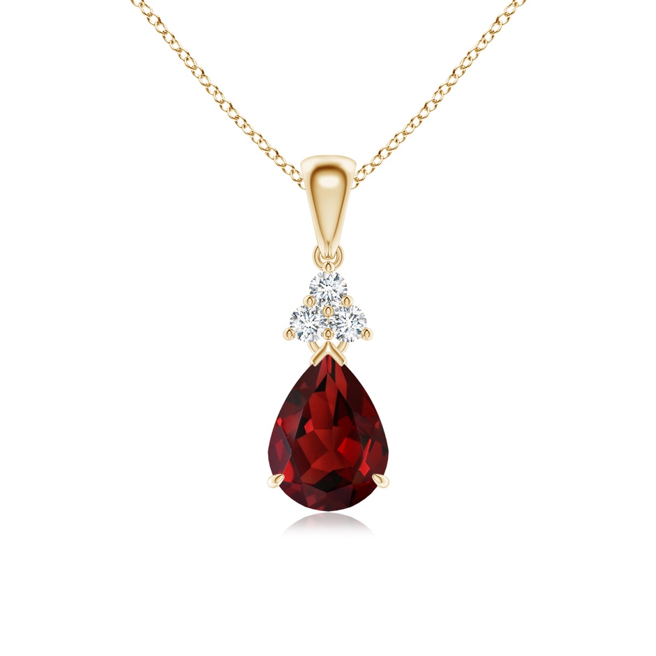 8x6mm AAAA Claw-Set Garnet Drop Pendant with Trio Diamonds in Yellow Gold 