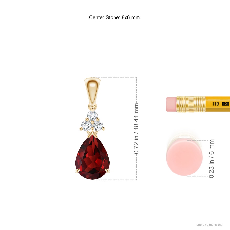 8x6mm AAAA Claw-Set Garnet Drop Pendant with Trio Diamonds in Yellow Gold ruler