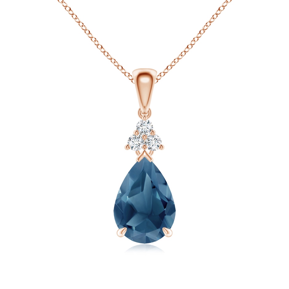 10x7mm A Claw-Set London Blue Topaz Drop Pendant with Trio Diamonds in Rose Gold 