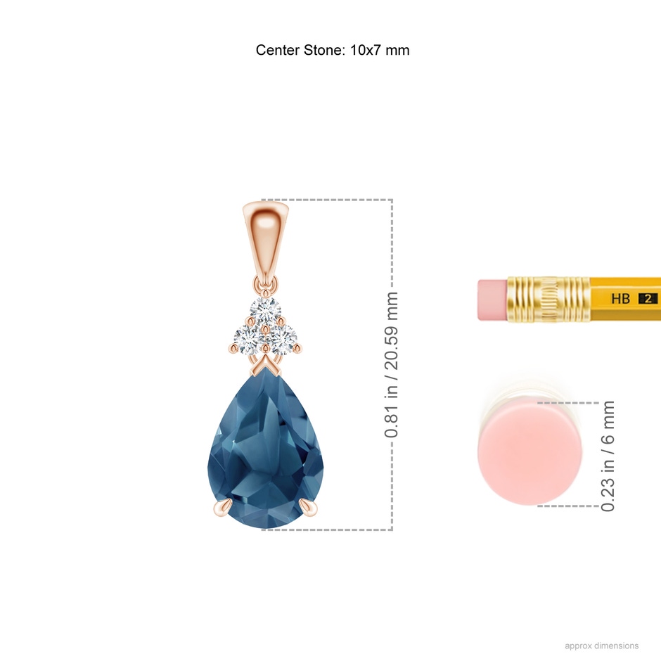 10x7mm A Claw-Set London Blue Topaz Drop Pendant with Trio Diamonds in Rose Gold ruler