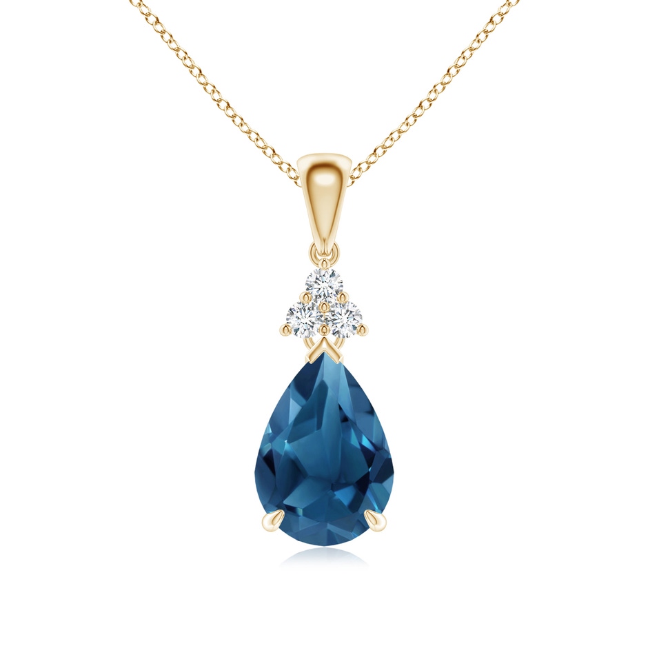 10x7mm AA Claw-Set London Blue Topaz Drop Pendant with Trio Diamonds in Yellow Gold 