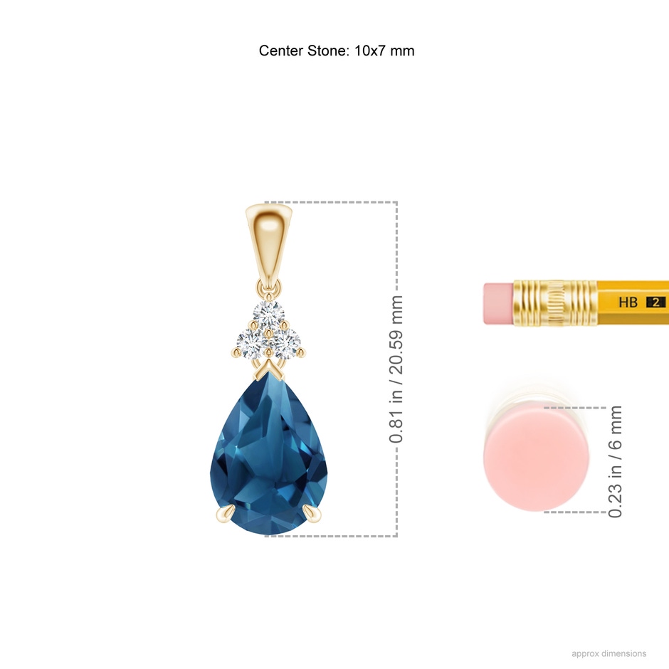 10x7mm AA Claw-Set London Blue Topaz Drop Pendant with Trio Diamonds in Yellow Gold ruler