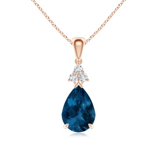 10x7mm AAA Claw-Set London Blue Topaz Drop Pendant with Trio Diamonds in Rose Gold
