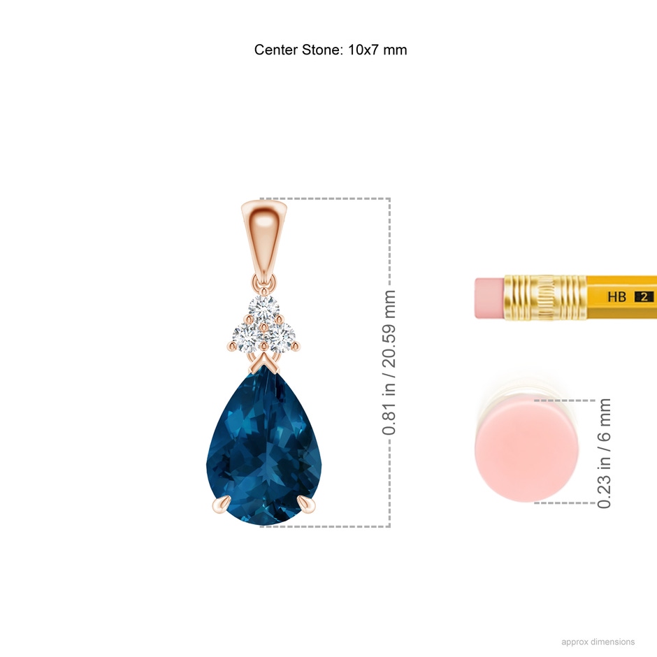 10x7mm AAA Claw-Set London Blue Topaz Drop Pendant with Trio Diamonds in Rose Gold ruler