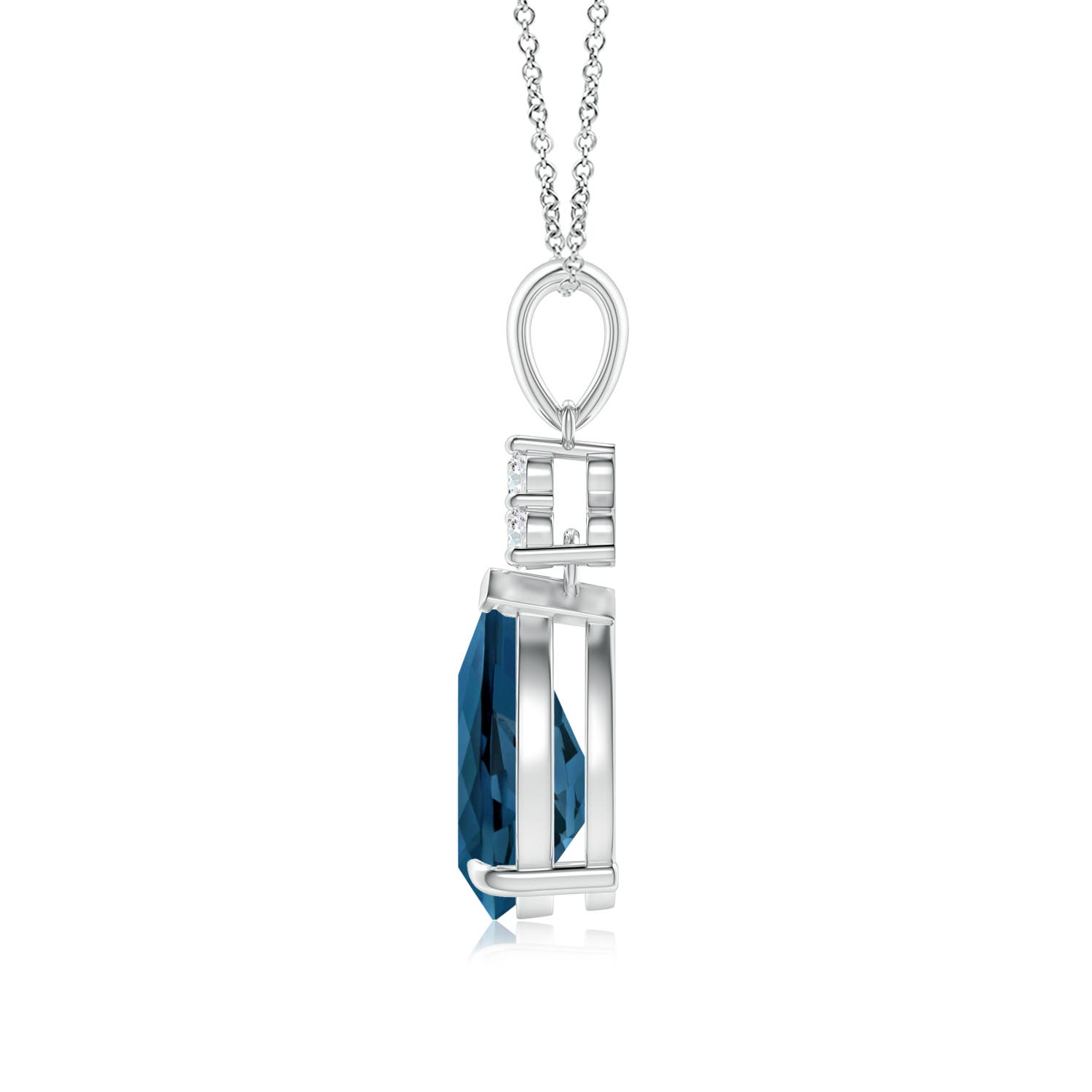 10x7mm AAA Claw-Set London Blue Topaz Drop Pendant with Trio Diamonds in White Gold
