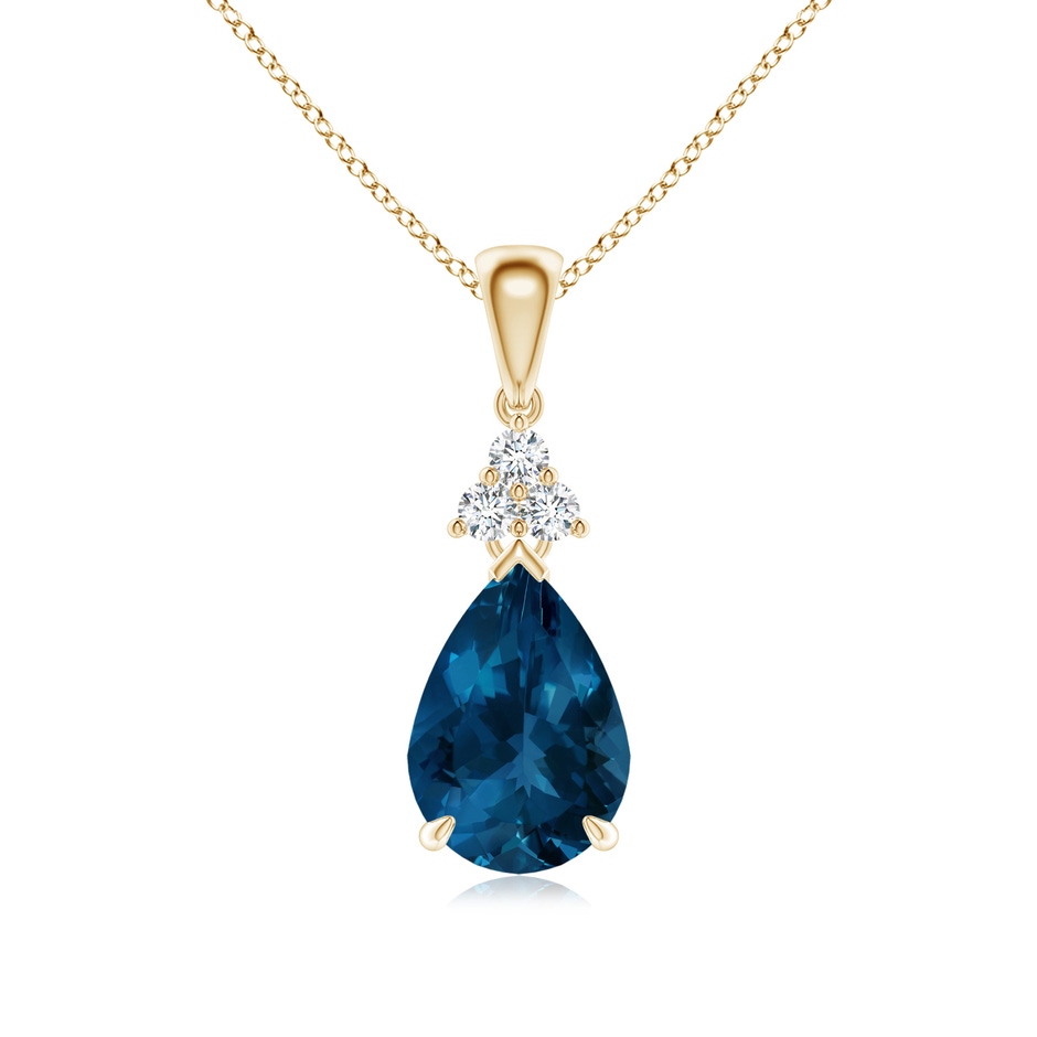 10x7mm AAA Claw-Set London Blue Topaz Drop Pendant with Trio Diamonds in Yellow Gold 