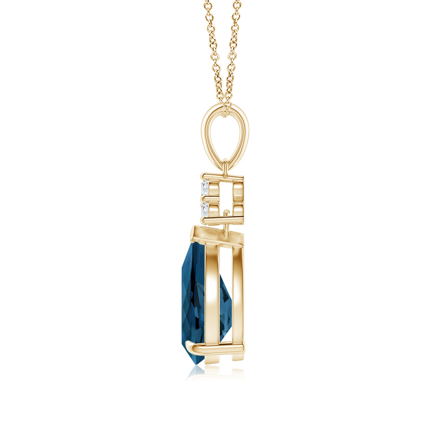 10x7mm AAA Claw-Set London Blue Topaz Drop Pendant with Trio Diamonds in Yellow Gold