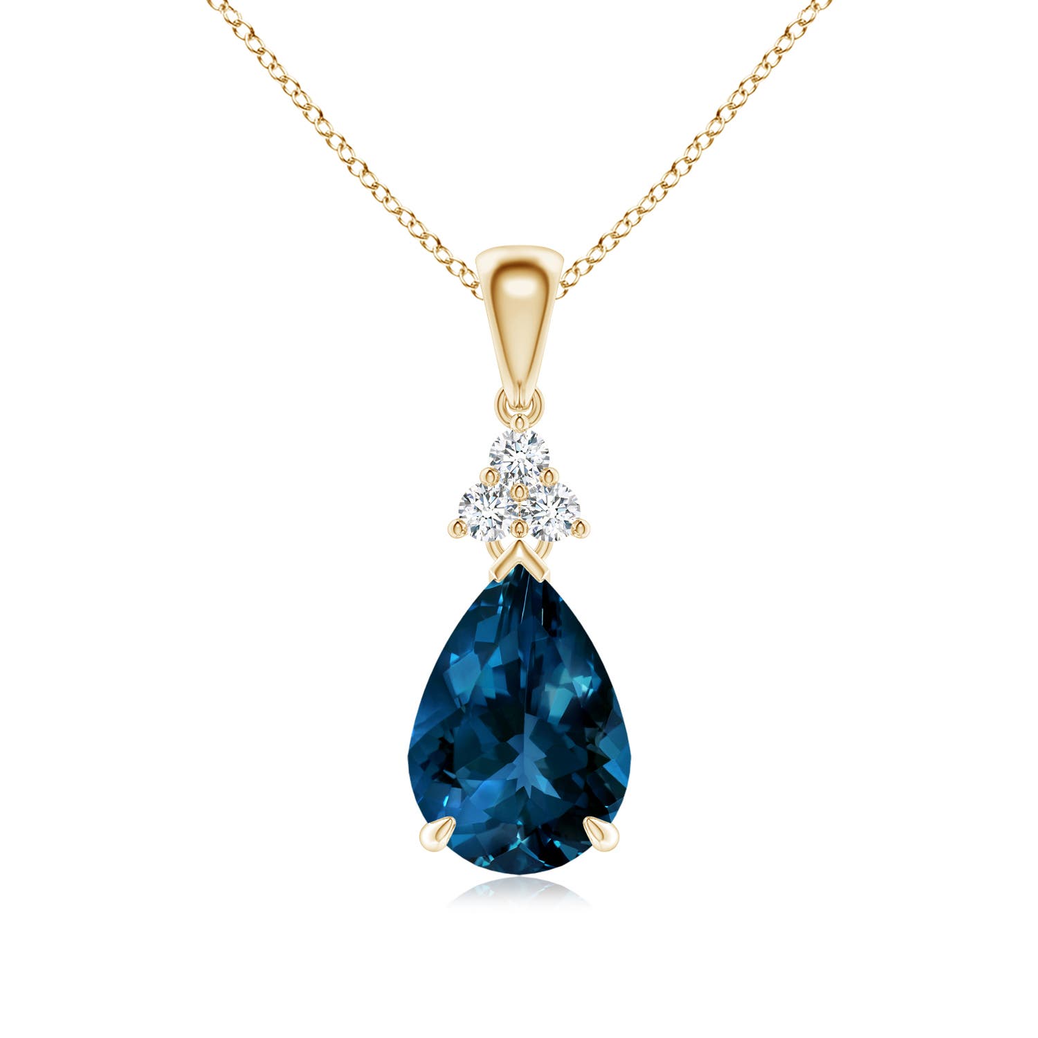 10x7mm AAAA Claw-Set London Blue Topaz Drop Pendant with Trio Diamonds in 18K Yellow Gold