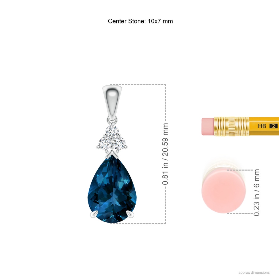 10x7mm AAAA Claw-Set London Blue Topaz Drop Pendant with Trio Diamonds in White Gold ruler