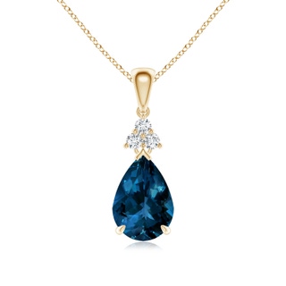 10x7mm AAAA Claw-Set London Blue Topaz Drop Pendant with Trio Diamonds in Yellow Gold