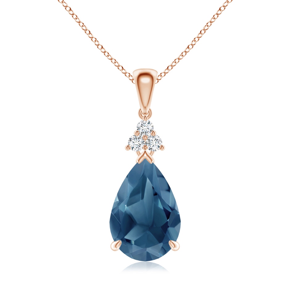 12x8mm A Claw-Set London Blue Topaz Drop Pendant with Trio Diamonds in 18K Rose Gold 