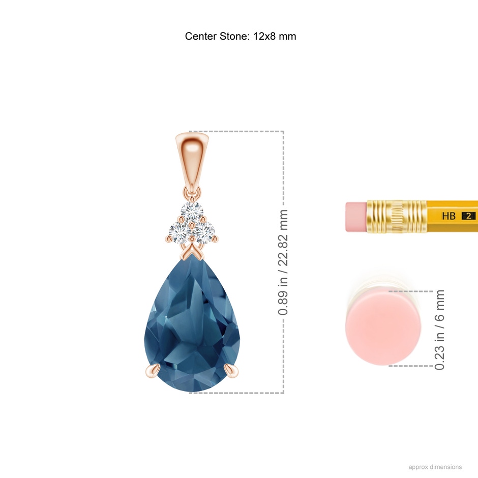 12x8mm A Claw-Set London Blue Topaz Drop Pendant with Trio Diamonds in 18K Rose Gold ruler
