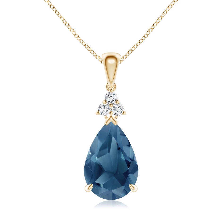 12x8mm A Claw-Set London Blue Topaz Drop Pendant with Trio Diamonds in 18K Yellow Gold 