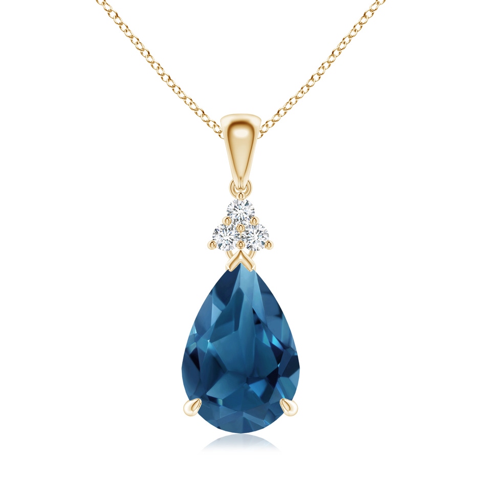 12x8mm AA Claw-Set London Blue Topaz Drop Pendant with Trio Diamonds in 18K Yellow Gold 