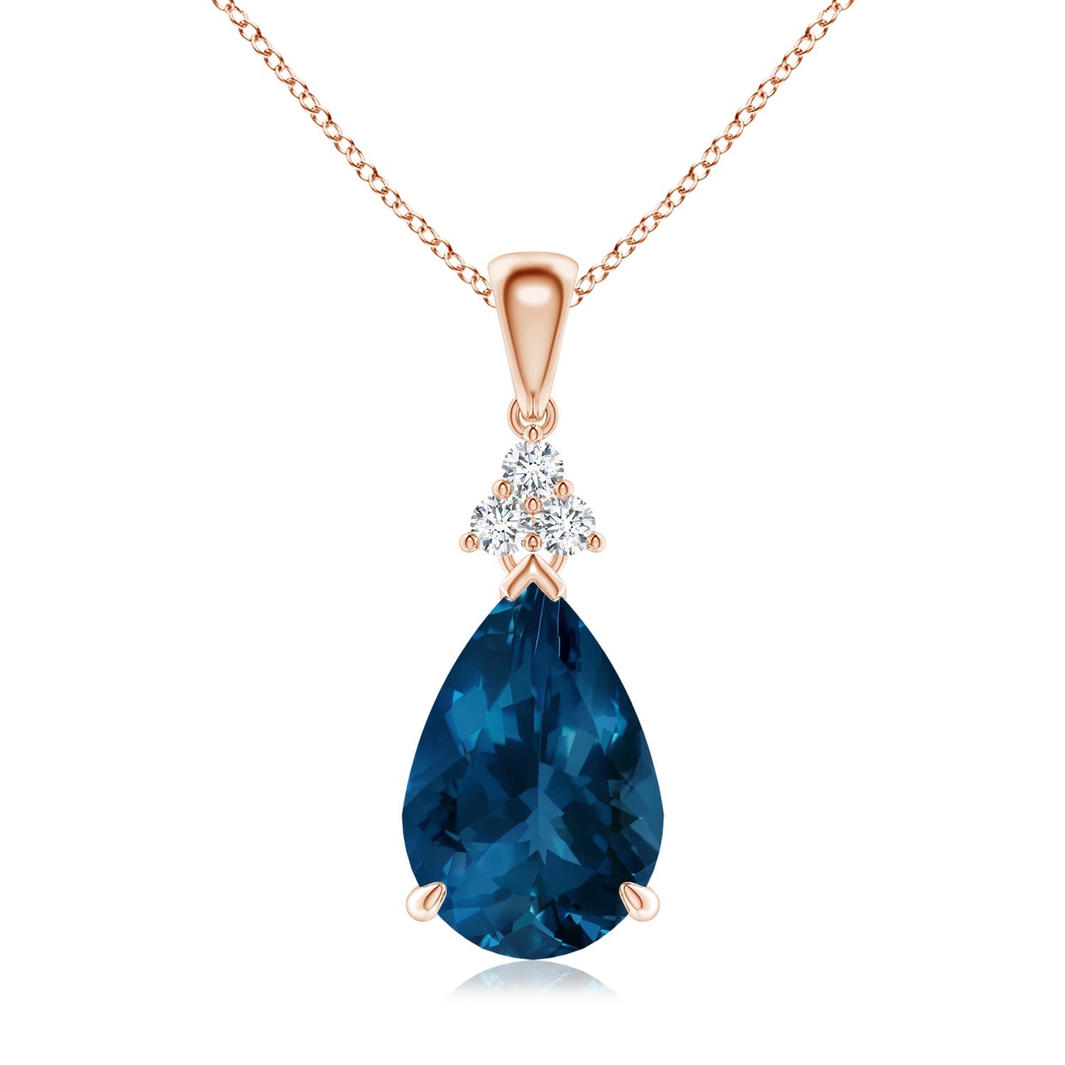 12x8mm AAA Claw-Set London Blue Topaz Drop Pendant with Trio Diamonds in 18K Rose Gold