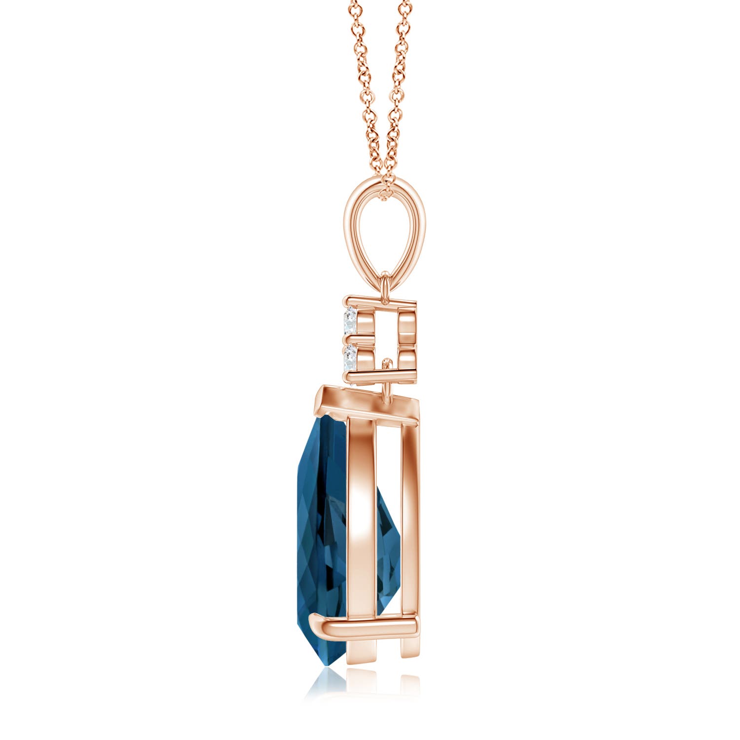 12x8mm AAA Claw-Set London Blue Topaz Drop Pendant with Trio Diamonds in 18K Rose Gold