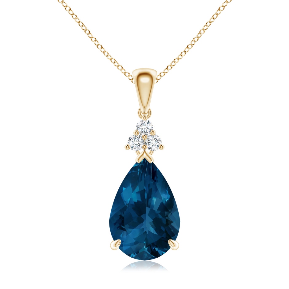 12x8mm AAA Claw-Set London Blue Topaz Drop Pendant with Trio Diamonds in 18K Yellow Gold 