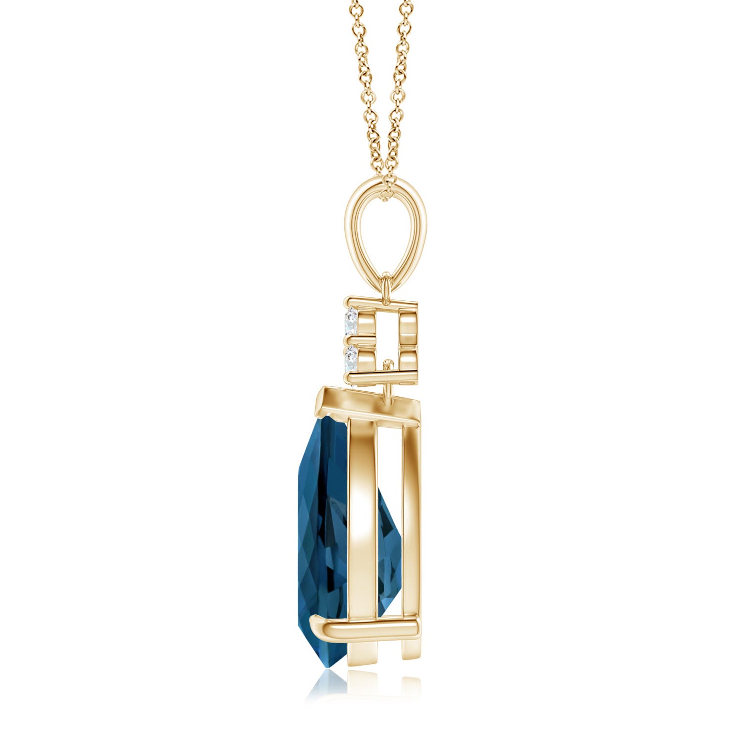 12x8mm AAA Claw-Set London Blue Topaz Drop Pendant with Trio Diamonds in Yellow Gold - side 2