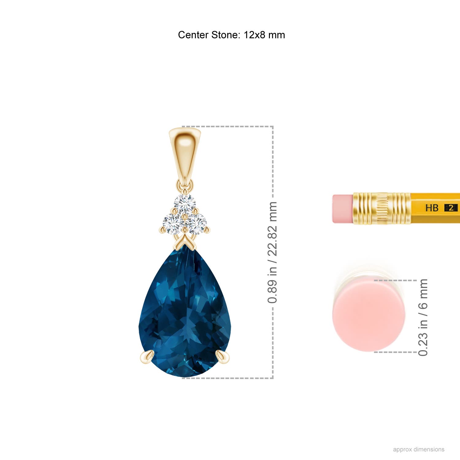 12x8mm AAA Claw-Set London Blue Topaz Drop Pendant with Trio Diamonds in Yellow Gold - ruler