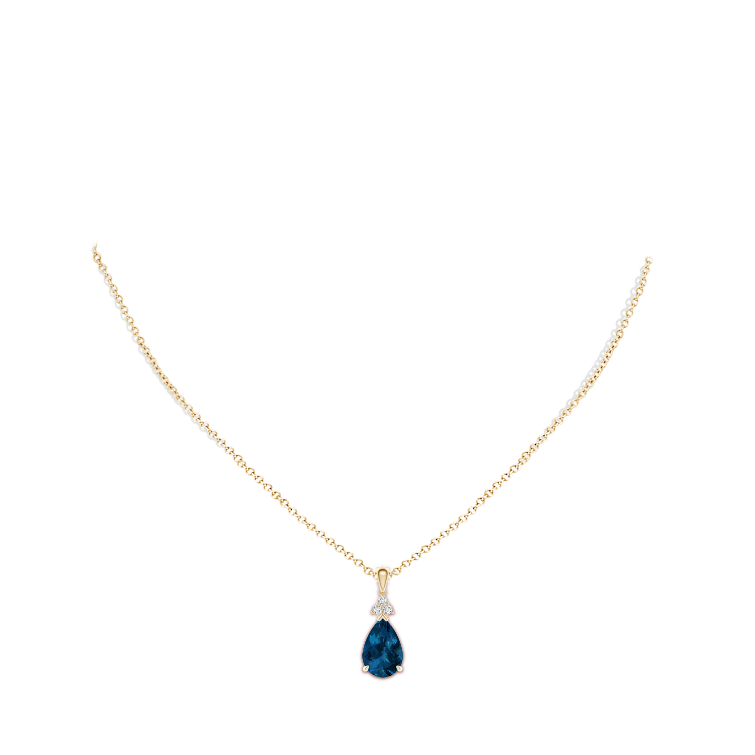 12x8mm AAA Claw-Set London Blue Topaz Drop Pendant with Trio Diamonds in Yellow Gold - body_neck